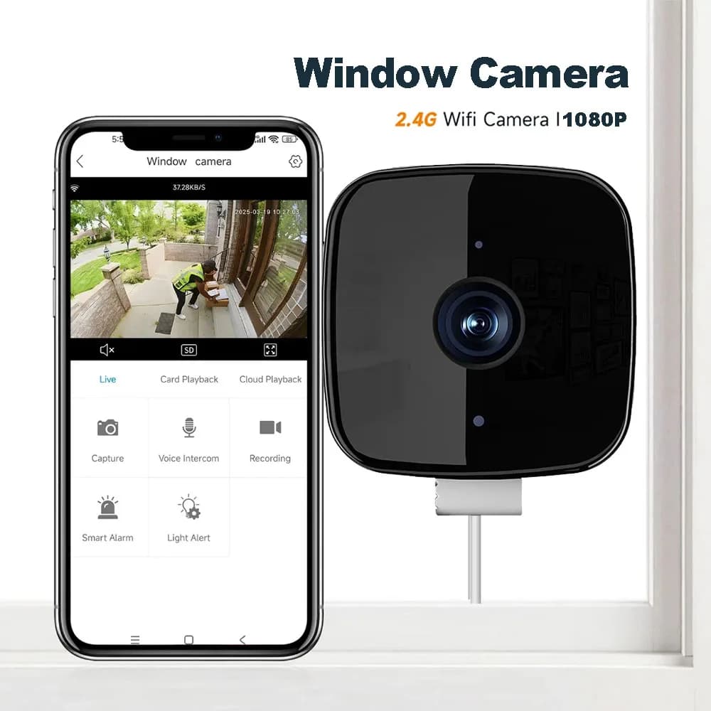 Câmera de janela wi-fi 1080p, visão noturna colorida, áudio bidirecional através da janela, câmera interna de segurança doméstica para monitor