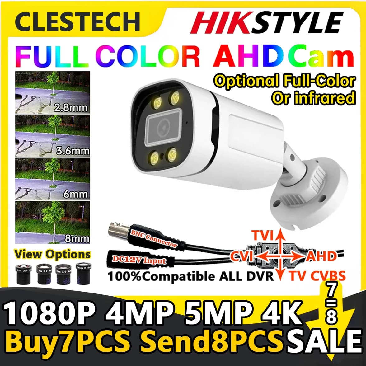 Câmera Bullet AHD 1080P 4MP 5MP 4 em 1 com Luz Infravermelha/Iluminação Colorida HD para Monitoramento de Segurança Residencial Interno e Externo