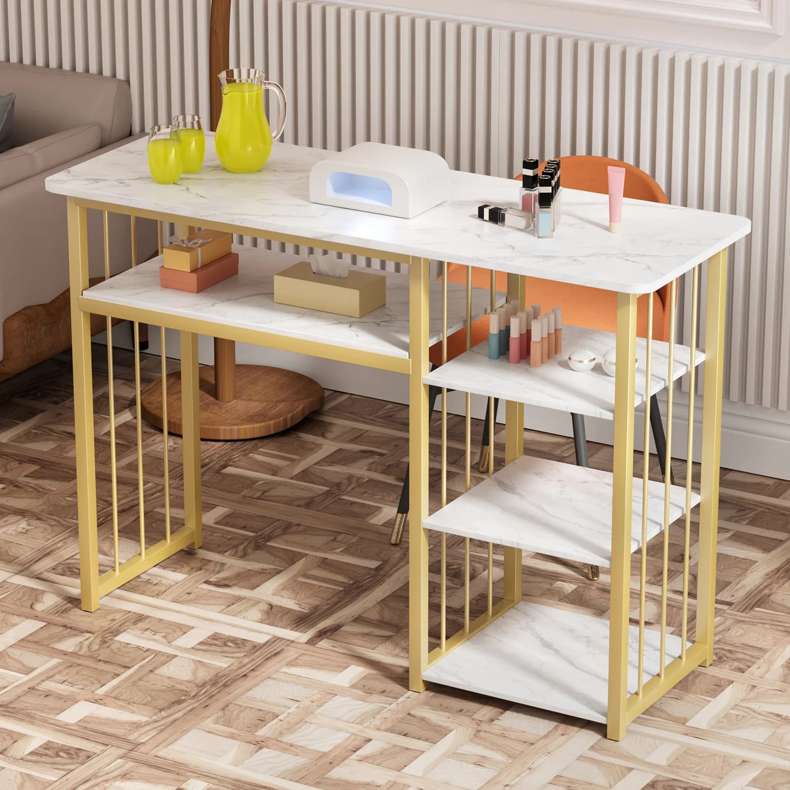 Estação de Trabalho Profissional para Manicure com Design Efeito Mármore, Apresentando um Apoio de Mão Branco, Especificamente Projetada para Uso
