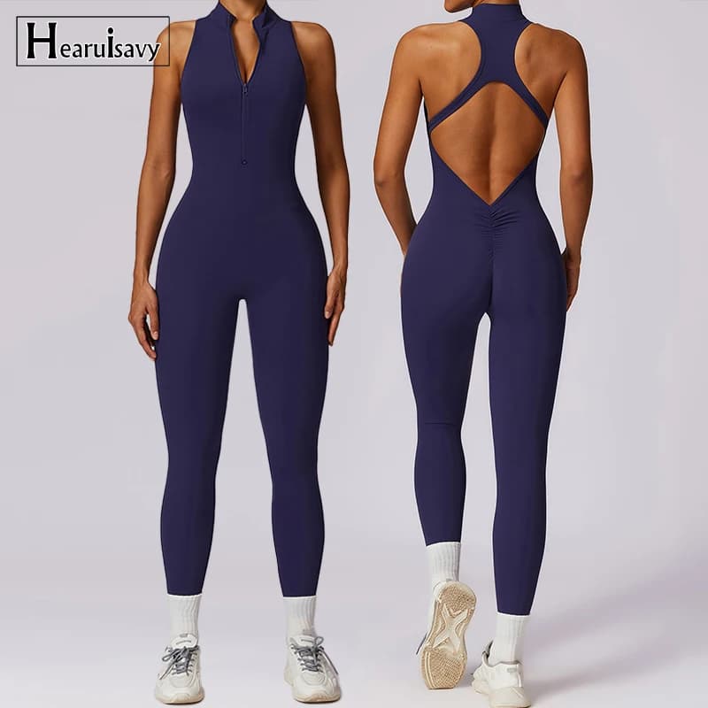 Macacão Esportivo Feminino de Verão com Costas em V, Zíperes, Sem Mangas, para Yoga e Treino