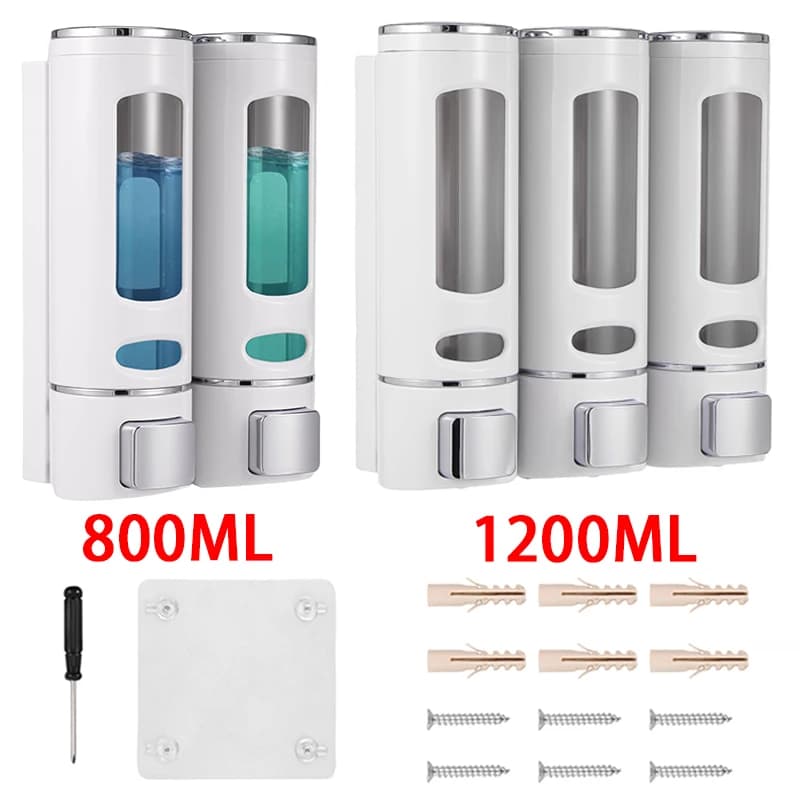 Dispensador de sabão de chuveiro com 2/3 cabeças, fixado na parede, adesivo, shampoo, lavagem das mãos, fluido, condicionador, recipiente de