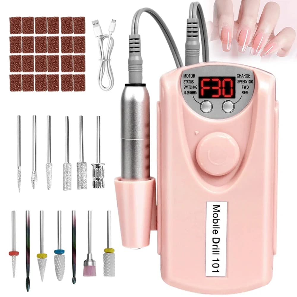 Kit de Broca Elétrica para Unhas com 13 Brocas e 50 Bandas de Lixamento – Design Compacto 30000rpm – Baixo Ruído e Baixa Vibração – Bateria