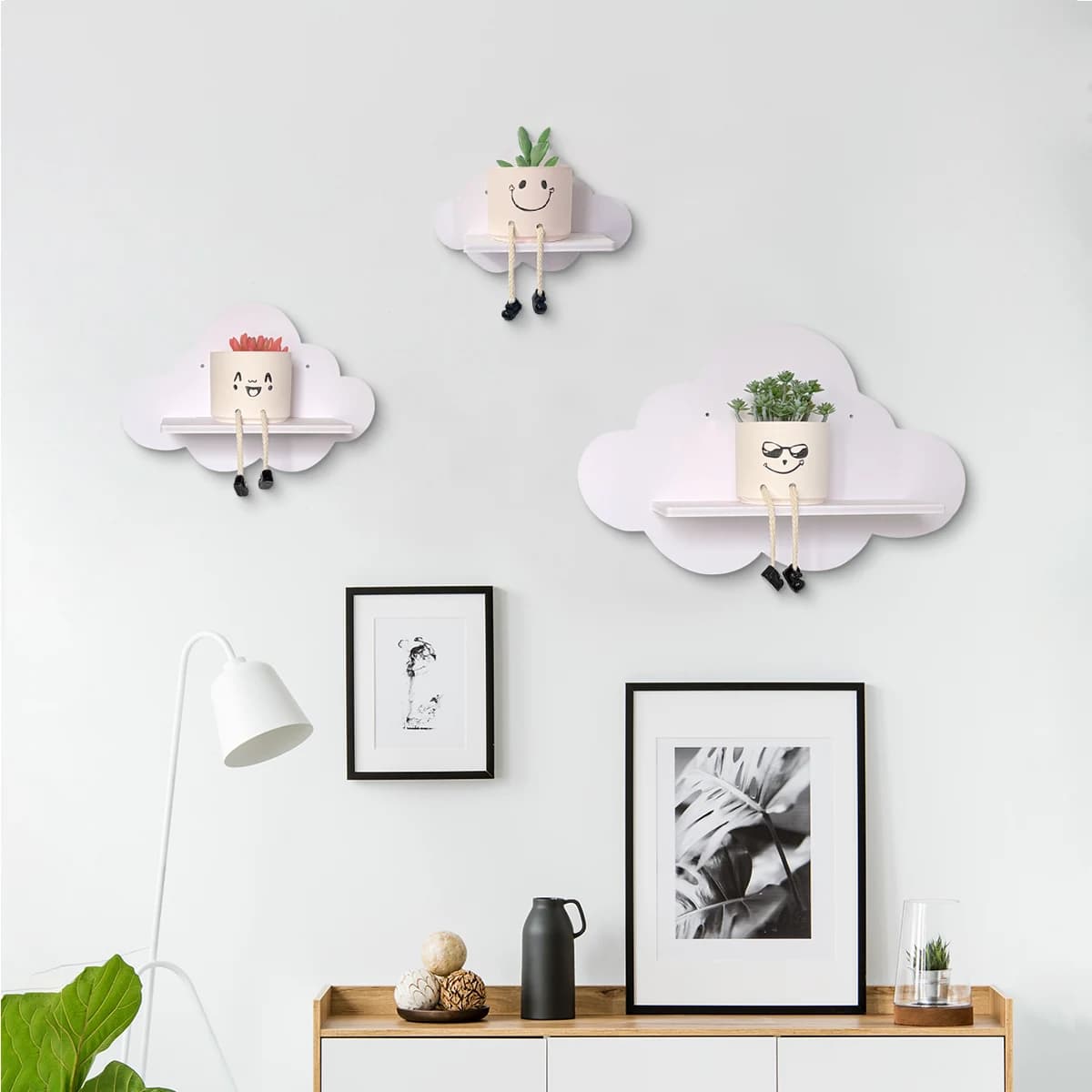 Conjunto de 3 Prateleiras Flutuantes de Canto Beskadi Cloud para Quarto Infantil, Prateleira Flutuante Branca para Berçário