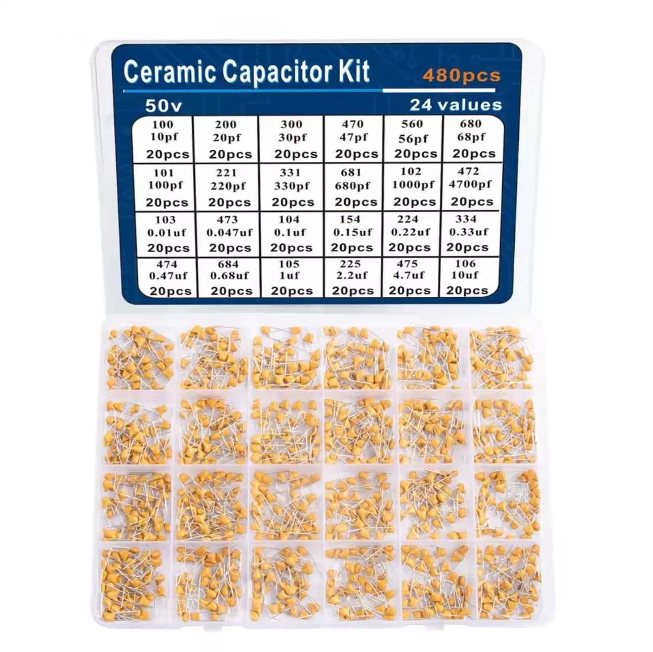 480 pçs/caixa kit de sortimento de capacitores cerâmicos para capacitor de guitarra 24 valores 0.1uf-10uf