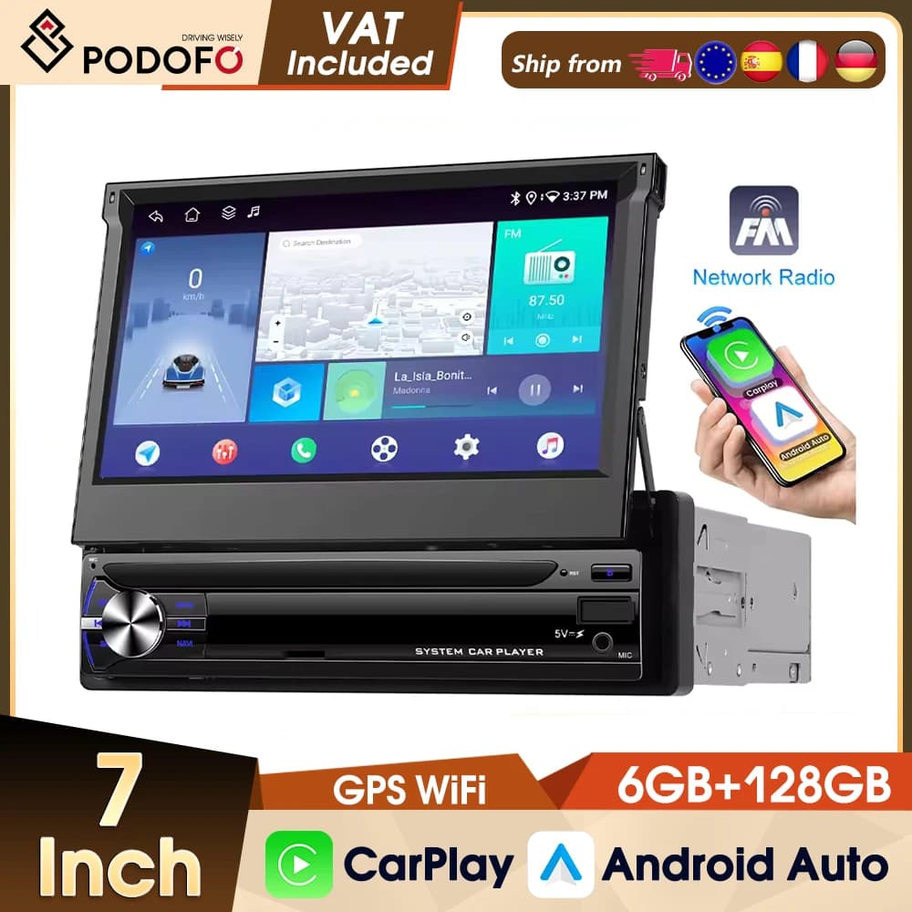 Sistema Inteligente para Carro Podofo 1 Din Carplay 6+128G, Player Multimídia para Carro com Android Auto Sem Fio, GPS, Wifi, 4G, BT, USB