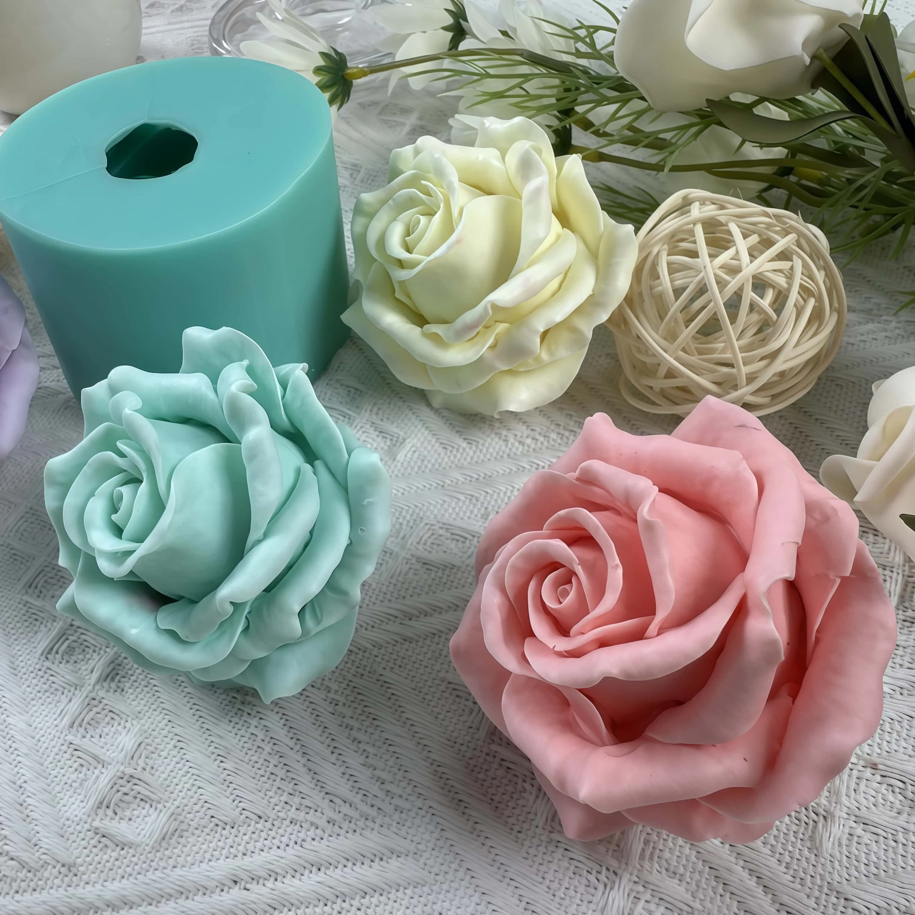 Molde de silicone rosa 3d para vela, sabão, cera perfumada, mousse, bolo, chocolate, aroma, resina epóxi, decorações de flores, molde