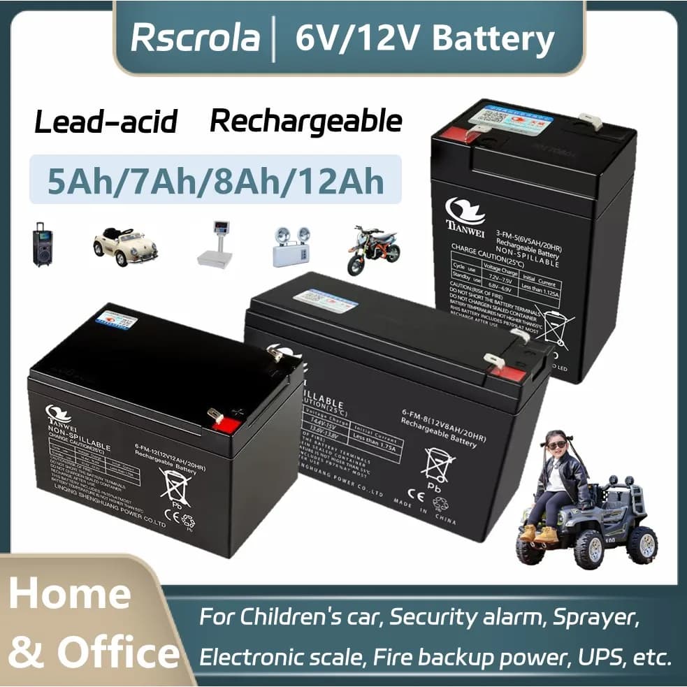 Bateria Recarregável 6V/12V 5Ah/7Ah/8Ah/12Ah de Longa Duração, Bateria de Chumbo-Ácido para Carro Infantil, Alarme de Segurança, Pulverizador,
