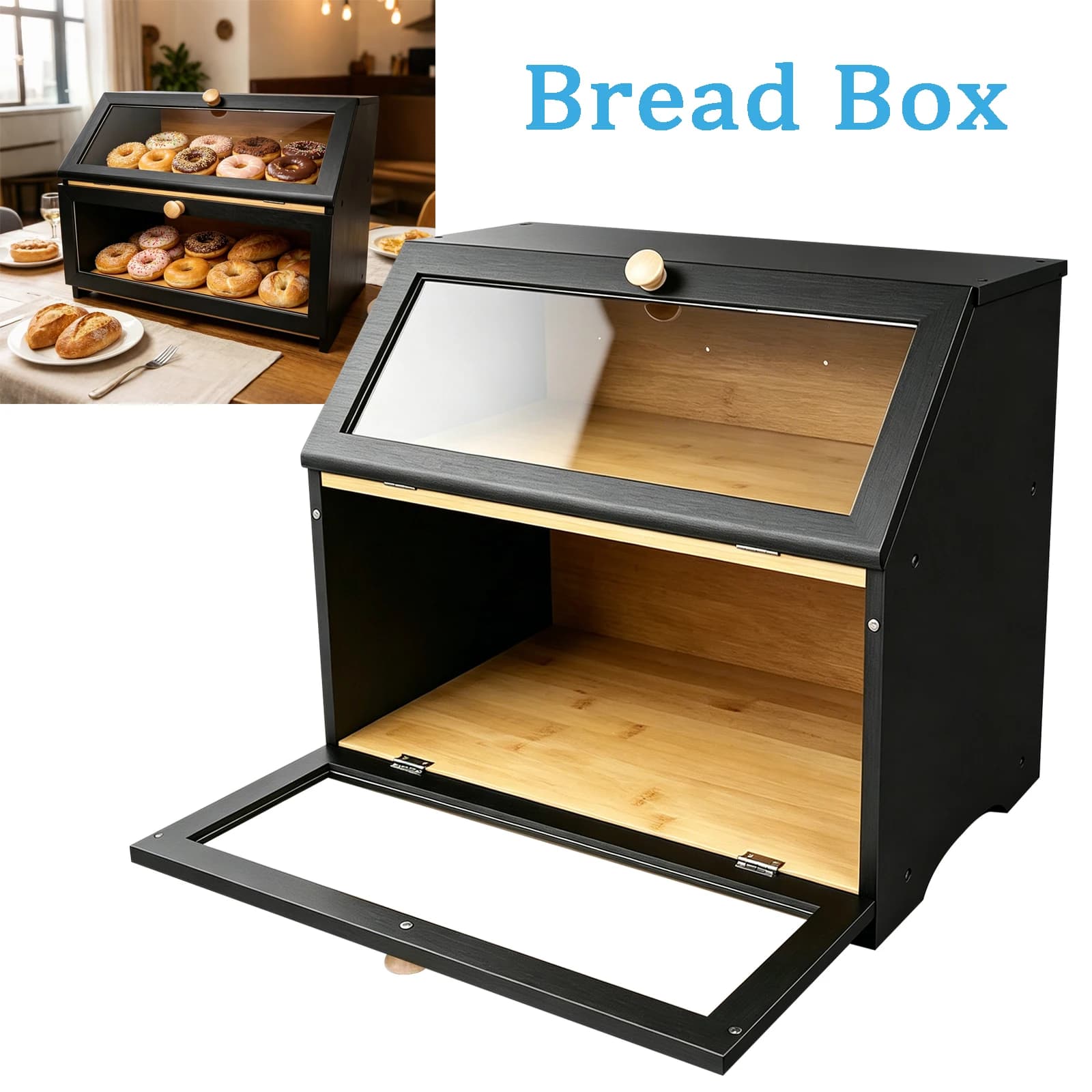 Paneteira bambu preto dois níveis ventilada mantém pão fresco recipiente cozinha sustentável tampa bancada cozinha pão bolos caseiros uso diário