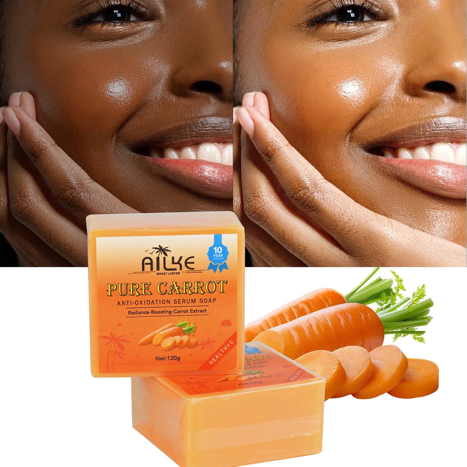 AILKE Sabonete soro anti-oxidação de cenoura pura, clareamento, manchas limpas, barra de sabão iluminadora da pele, com vitamina C, para corpo,