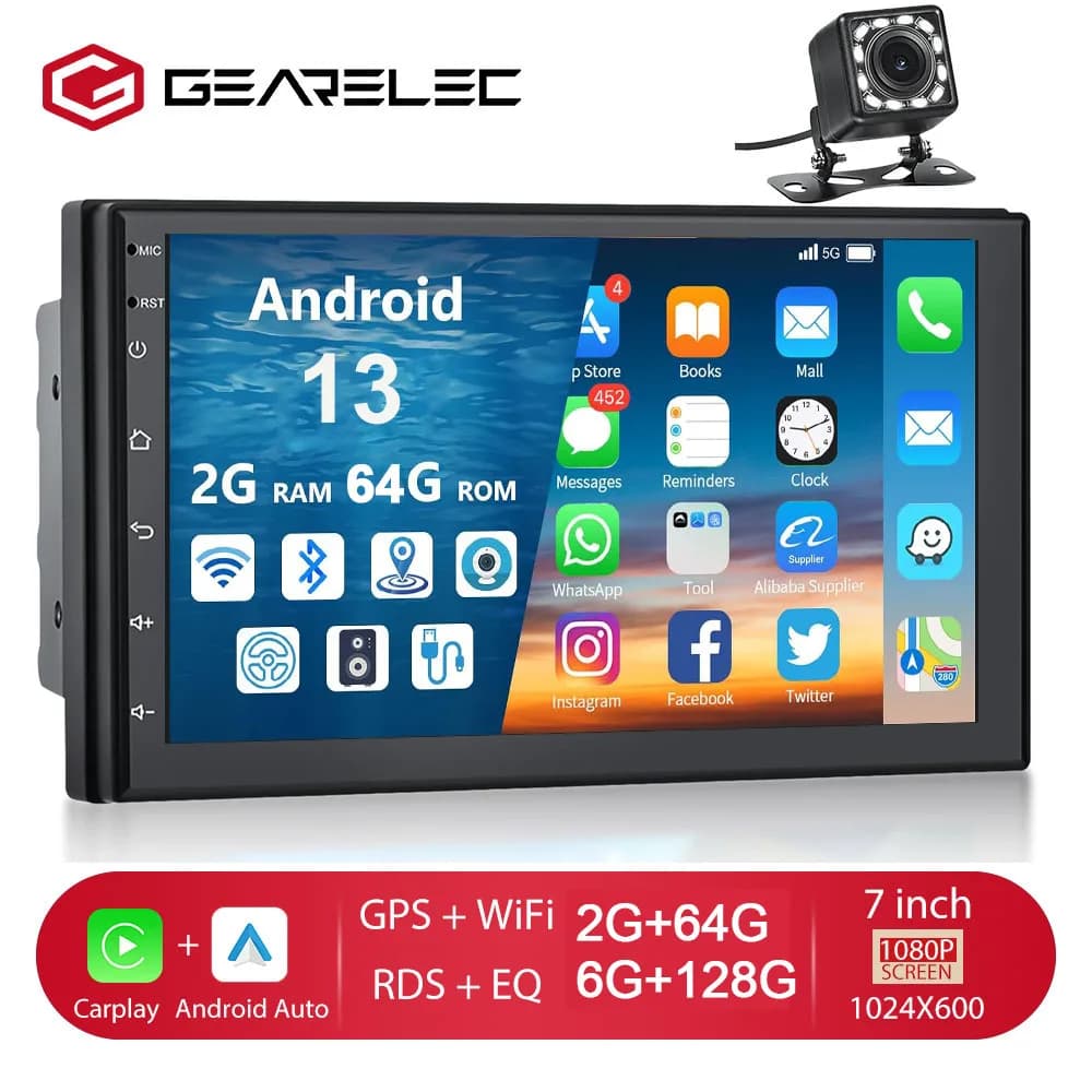 Rádio Automotivo 2 Din Multimídia com Vídeo, Carplay, Android Auto, Android 13 Universal, Tela de 7 Polegadas, 2 Din, Navegação Android, Auto