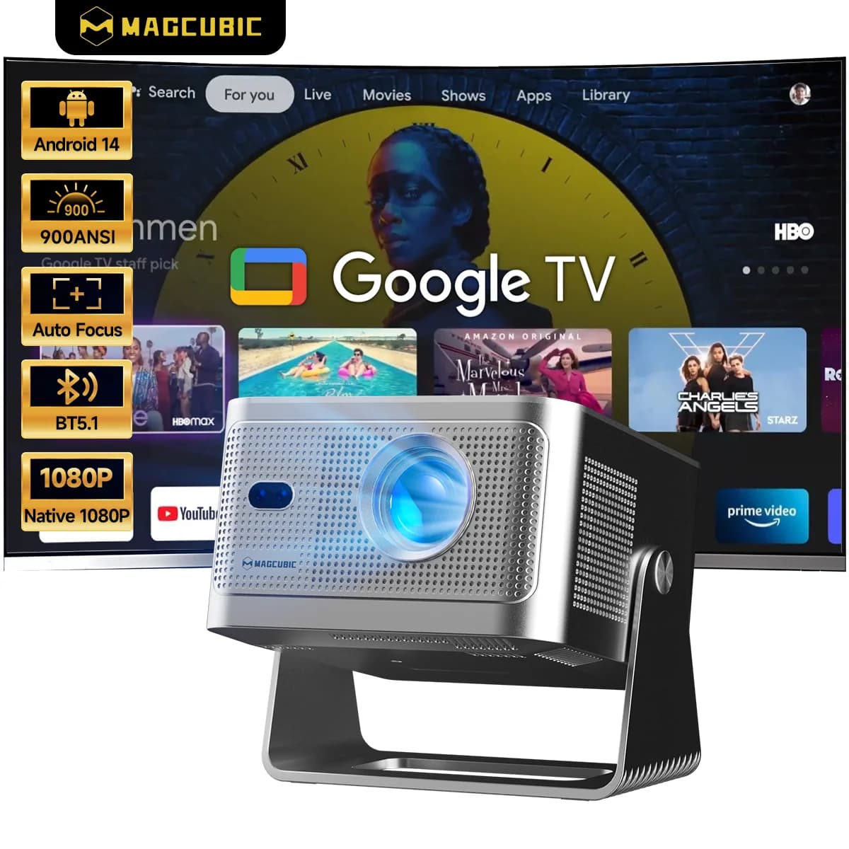Projetor Magcubic 900 ANSI com Google TV Stick, Projetor Nativo 1080P, Foco Automático, Portátil, Home Theater HY350GTV