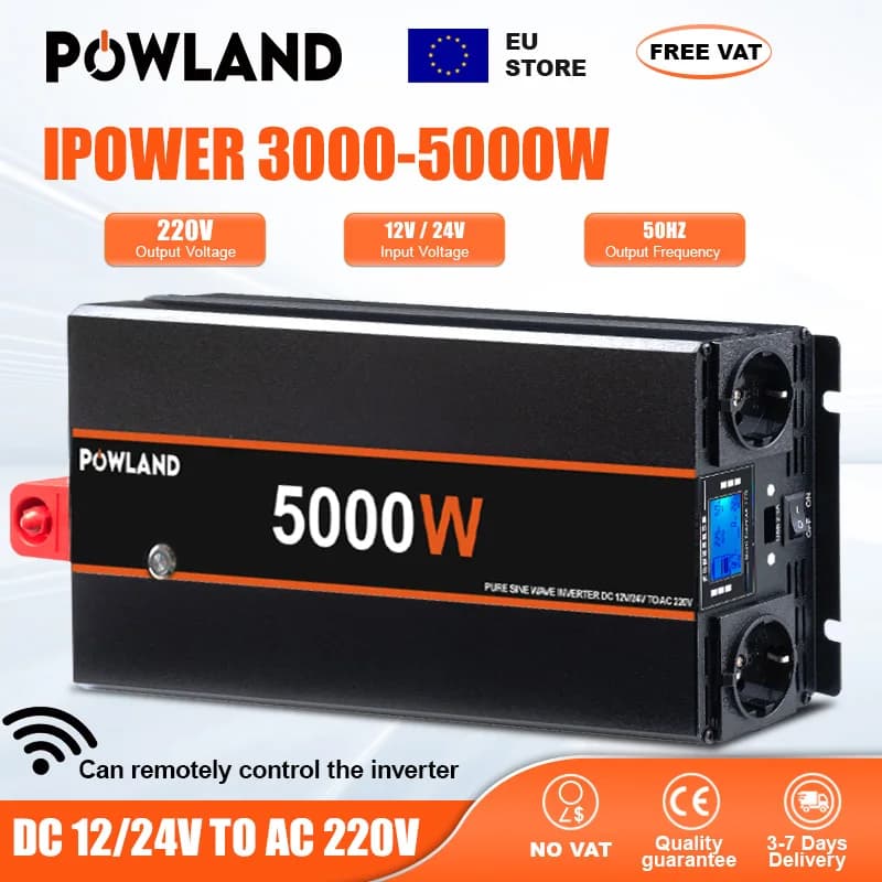 Inversor de Energia Automotivo POWLAND 3000W 4000W 5000W 8000W DC 12V/24V para AC 220V com Tomada EU, Acessório Automotivo para Celulares, Laptops e