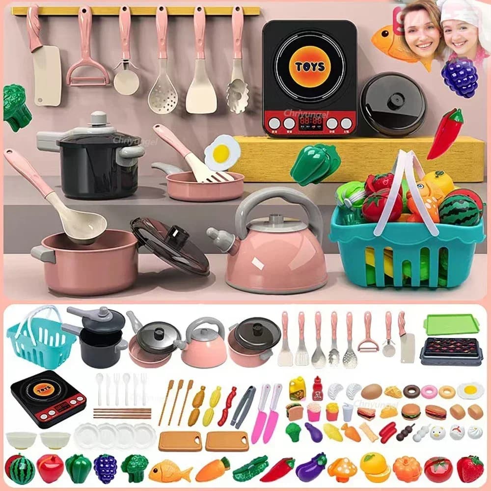 Conjunto de brinquedos de cozinha para crianças, 92/86/69/59 peças, kit de acessórios de cozinha com panelas, comida de fingir, brinquedo de