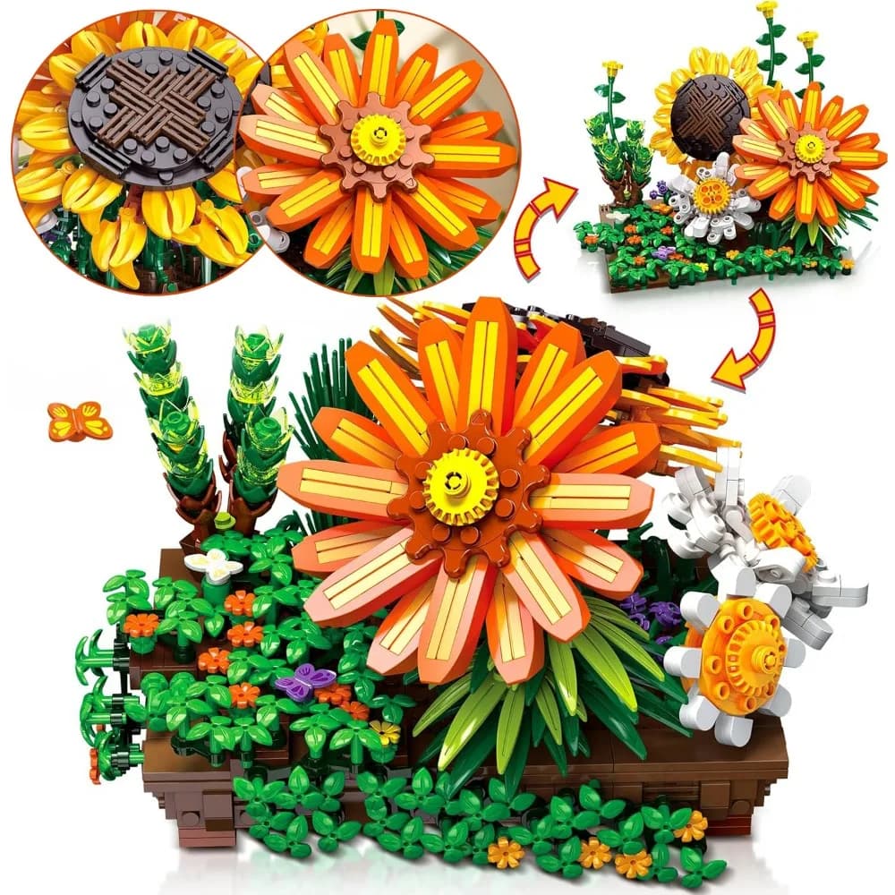 Coleção Botânica de Flores Artificiais de Girassol com 924 Peças, Coleção de Plantas e Flores Montáveis, Ideal para Decoração de Casa,