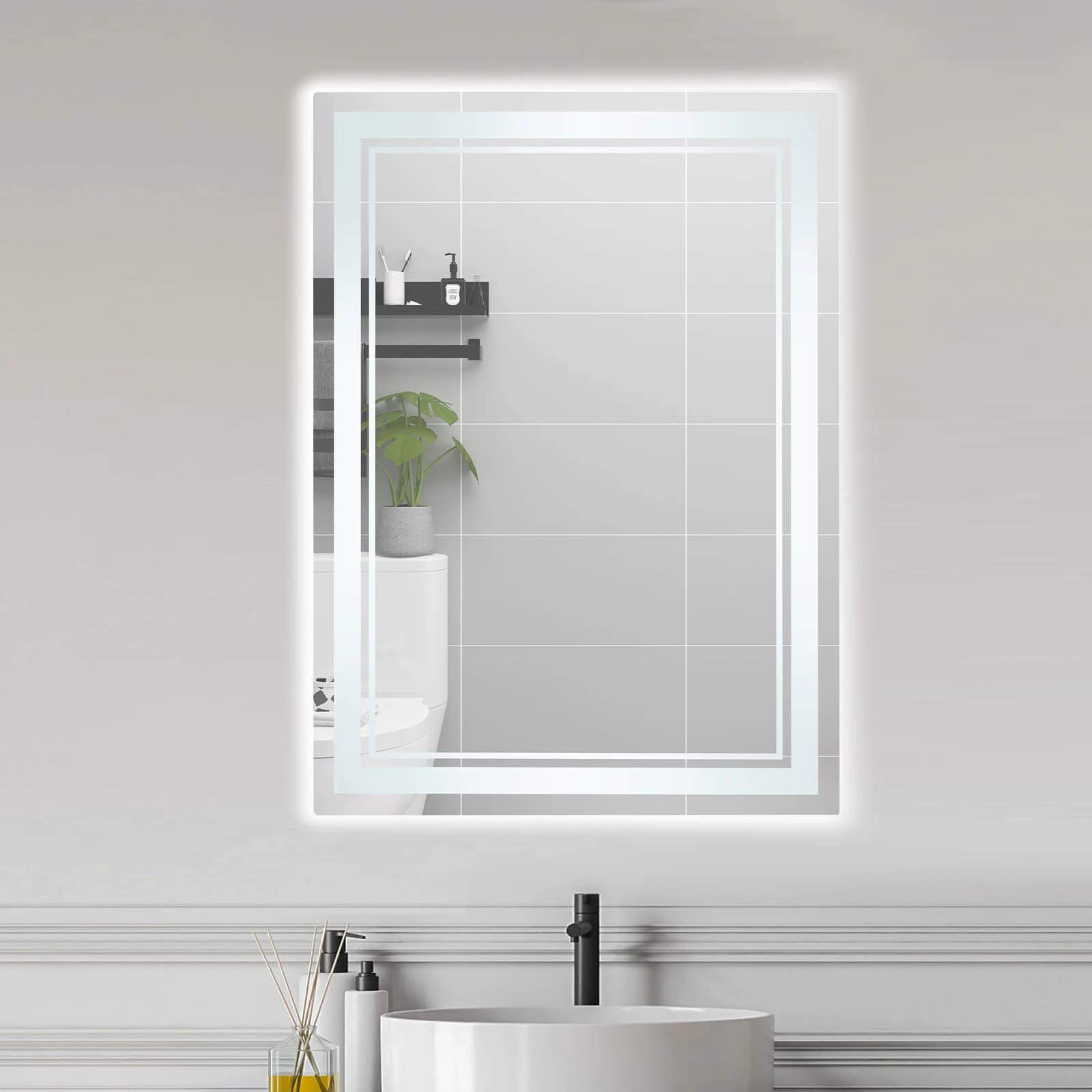 Espelho de banheiro LED 70 × 50 cm com controle de toque, iluminação regulável em 3 cores, função de memória, espelho de parede à prova