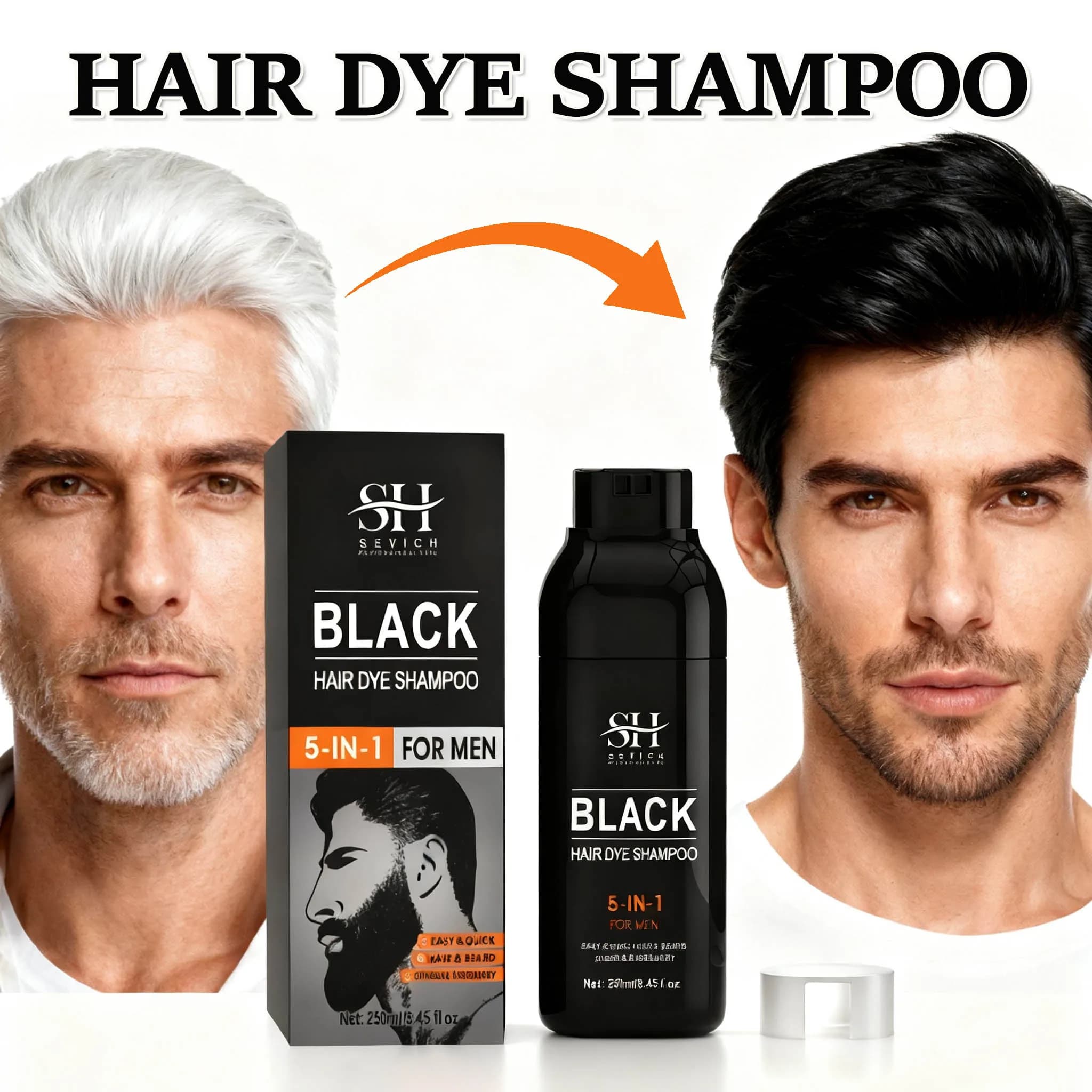 Shampoo para coloração de cabelo, shampoo para coloração instantânea, corretivo de cabelo cinza e branco, cor preta natural para homens e