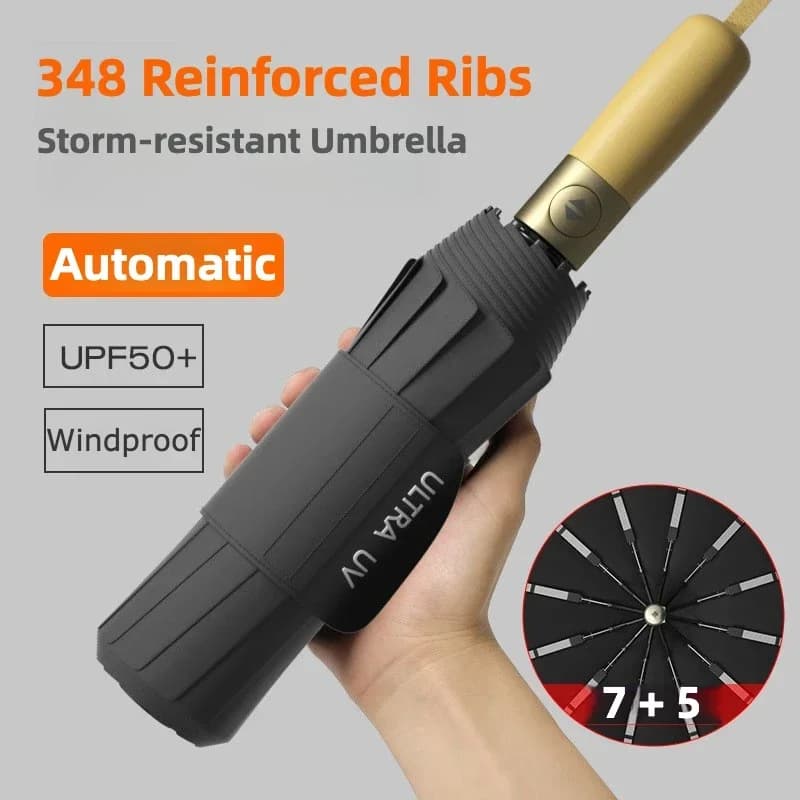 Guarda-chuva automático dobrável à prova de vento à prova de tempestade, 348 costelas reforçadas, guarda-chuvas de chuva com proteção solar UV