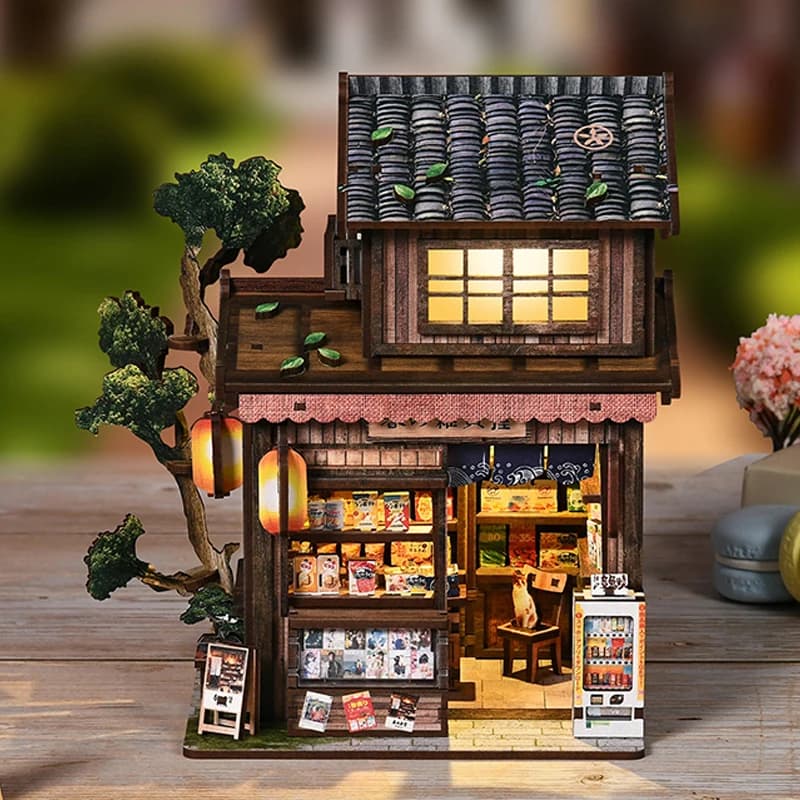 Kit de Modelo Miniatura de Madeira DIY Book Nook: Quebra-Cabeça 3D de Livraria Kasuga com Luz LED para Presentes de Aniversário de Amigos