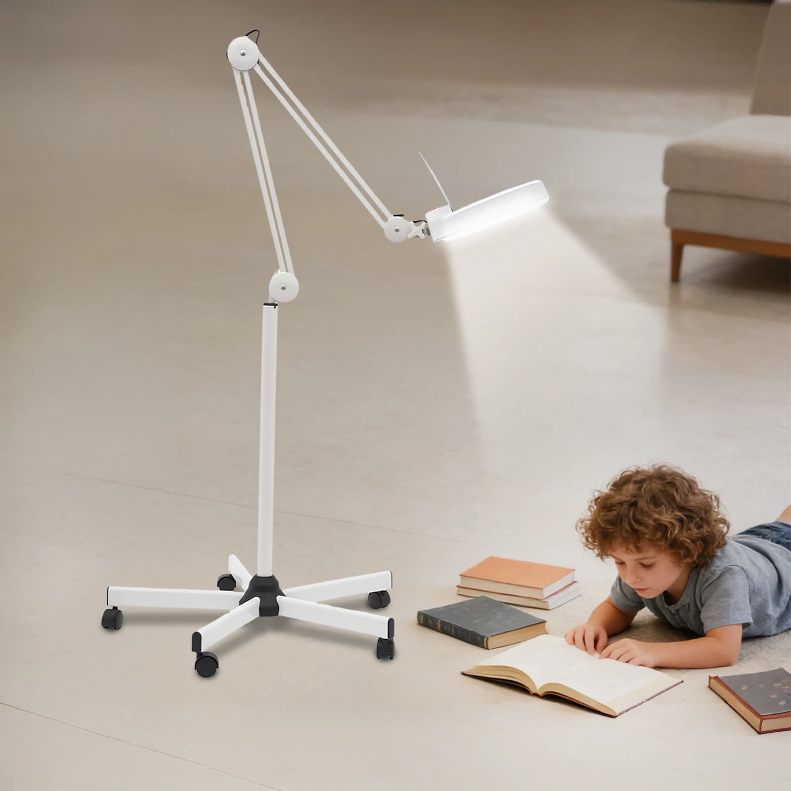 Lâmpada de aumento com LED 24W 5X, lupa com luz diurna brilhante e suporte com braço giratório ajustável.