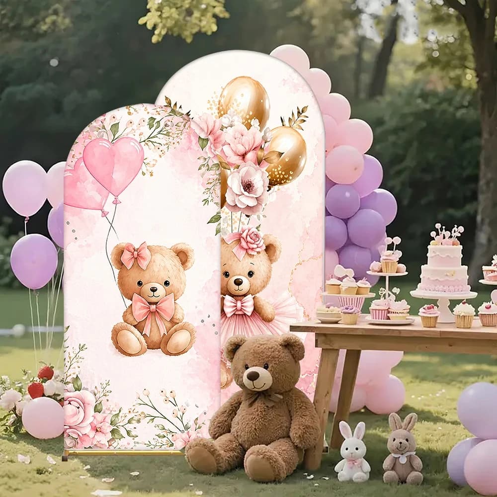 Fundo de Aniversário de Urso Bailarina de Dois Lados com Flores Rosas, Borboletas e Balões, Cenário de Arco para Chá de Bebê com Tema de