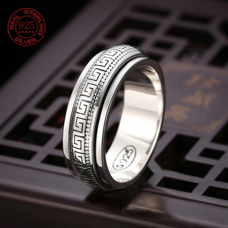 Preço de fábrica s925 prata esterlina grande parede padrão girador anel masculino feminino prata real dupla camada rotativa anéis jóias