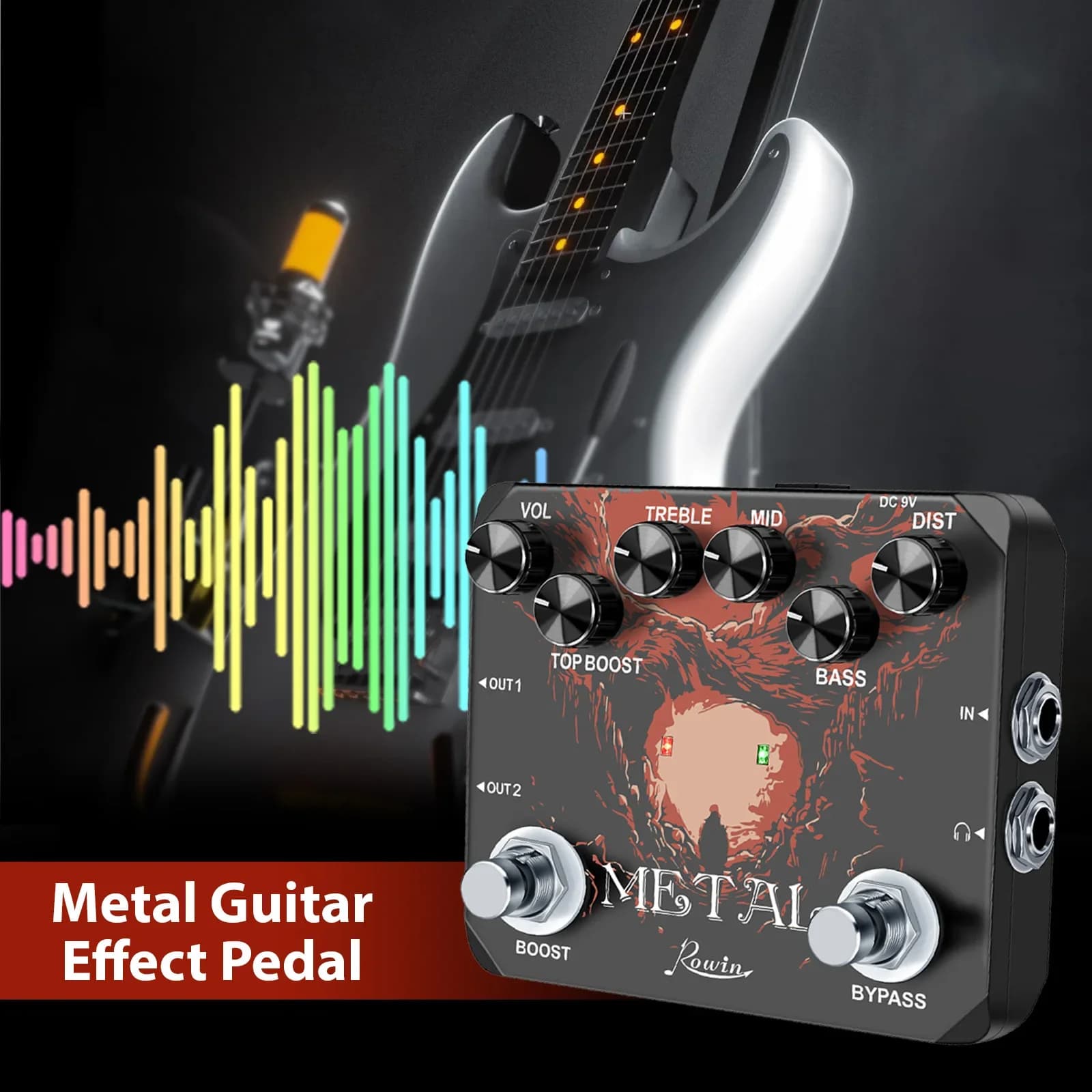 Rowin pedal de guitarra elétrica, distorção de metal pesado, interruptor de pé duplo, 80s e 90s, efeito de som de rock final, saída de fone de