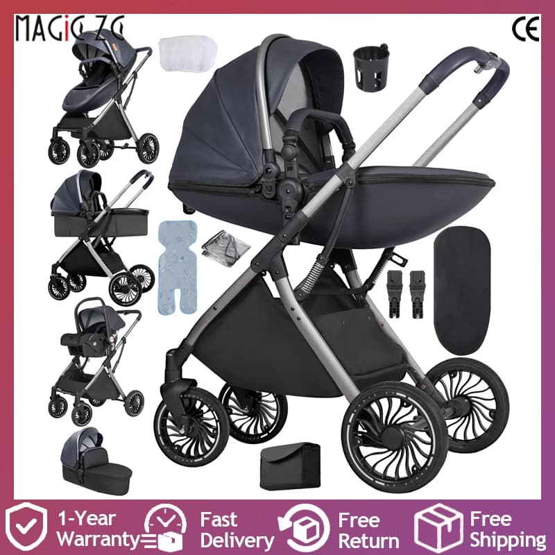 Carrinho de Bebê Luxuoso 3 em 1 com Design Casulo, Conversível, com Assento Elevado, Dobrável, Sistema de Viagem para Bebês