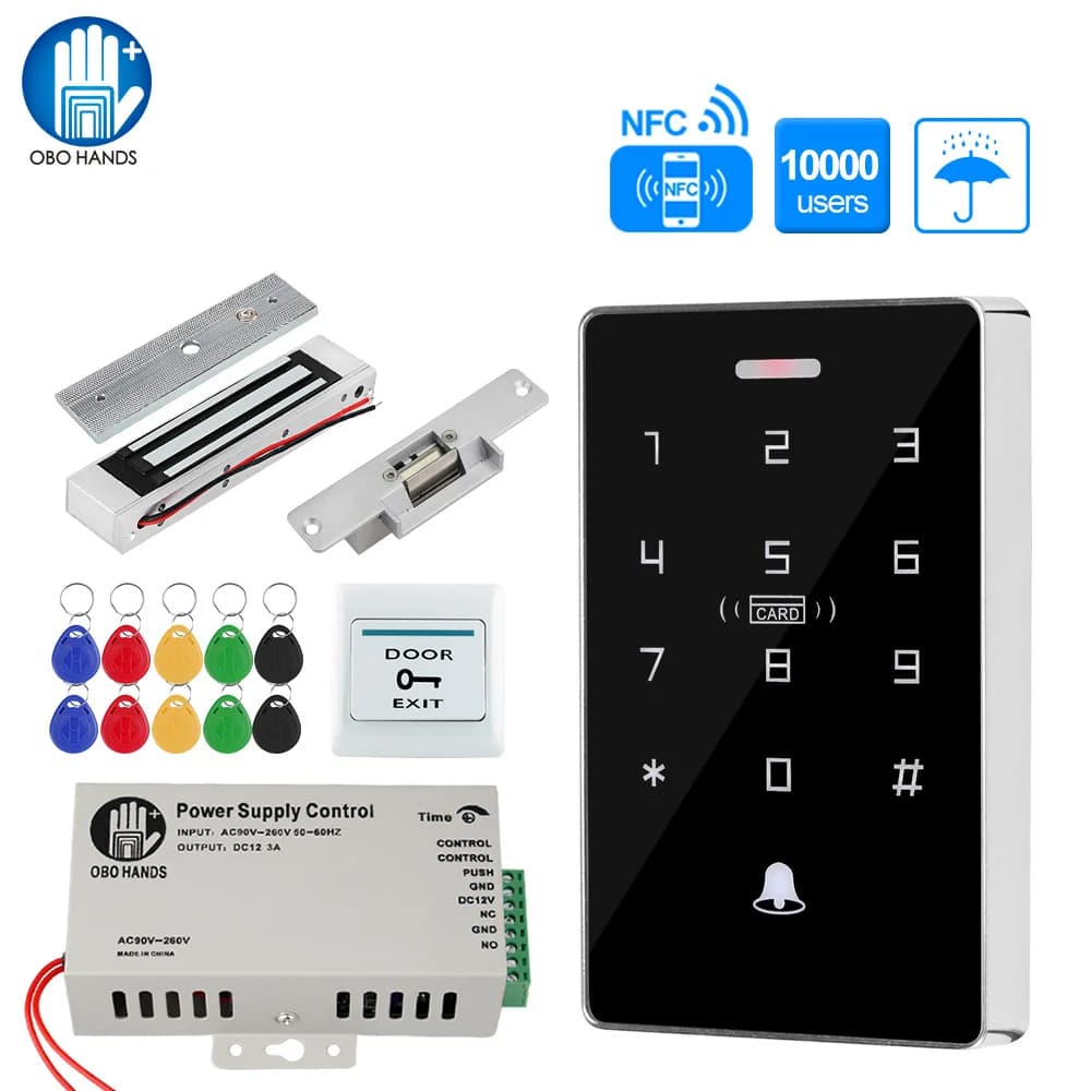 Conjunto de kit de sistema de controle de acesso ao ar livre, teclado rfid à prova d'água, 125khz 13.56mhz nfc + 180kg, fechadura magnética