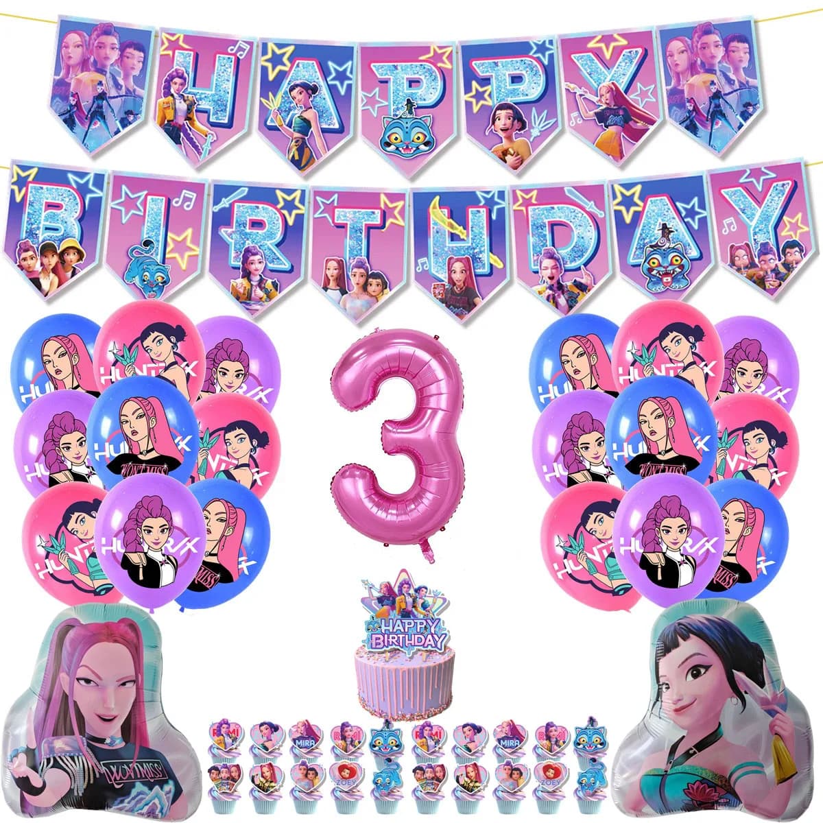 Kit de Decoração Descartável para Festa Temática Menina Caçadora de Desenhos Animados: Pratos, Bandeiras, Balões, Topo de Bolo e Enfeites para