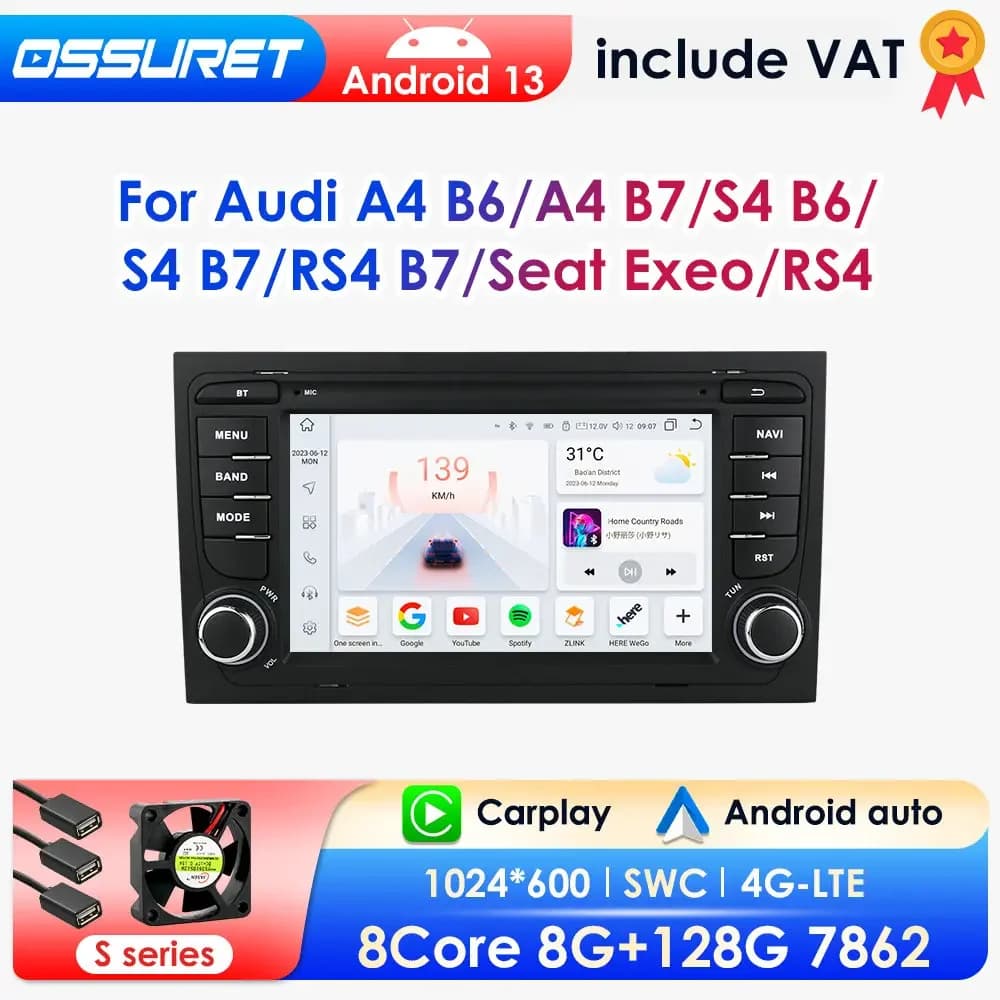 Jogador multimídia estéreo do carro Android, Autoradio, GPS Navi, Carplay para Audi A4, B6 2000-2006, S4, B7, RS4, Seat Exeo, 2 Din