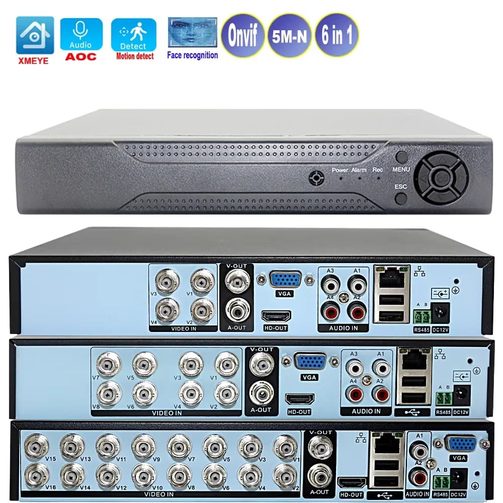 Xmeye inteligente dvr nvr 4/8/16 canais 5mp-n 1080p gravador de vigilância de vídeo áudio sobre detecção de movimento coaxial para câmeras cctv