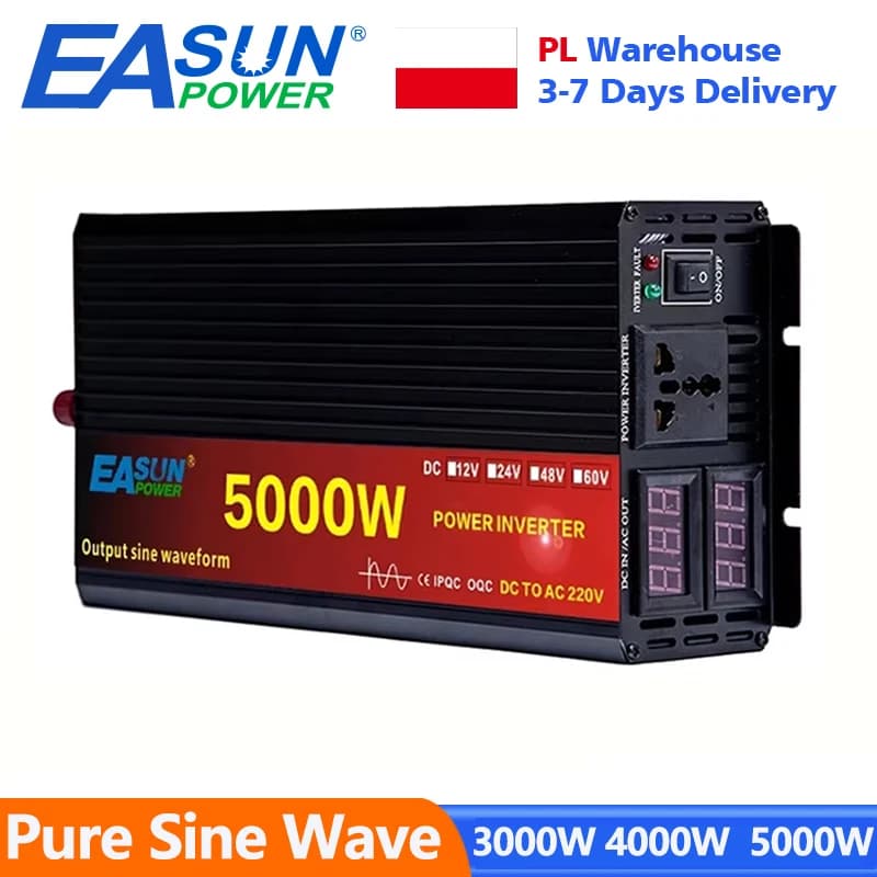 Easun power inversor de onda senoidal pura 3000w 4000 5000w inversor de potência dc 12v 24v para ac 220v conversor display led estoque da ue