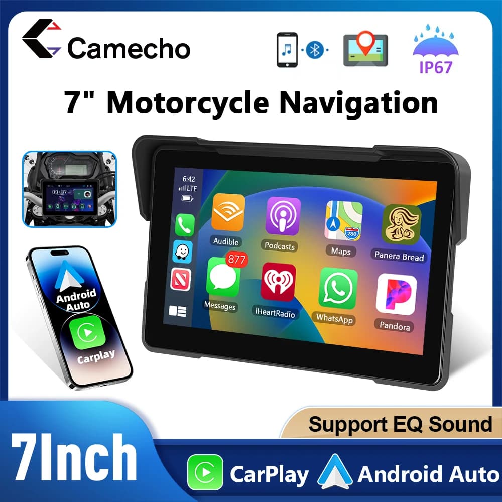 Camecho monitor portátil para moto, 7 polegadas, carplay, ip67, à prova d'água, display lcd, sem fio, carplay, android, automóvel, para