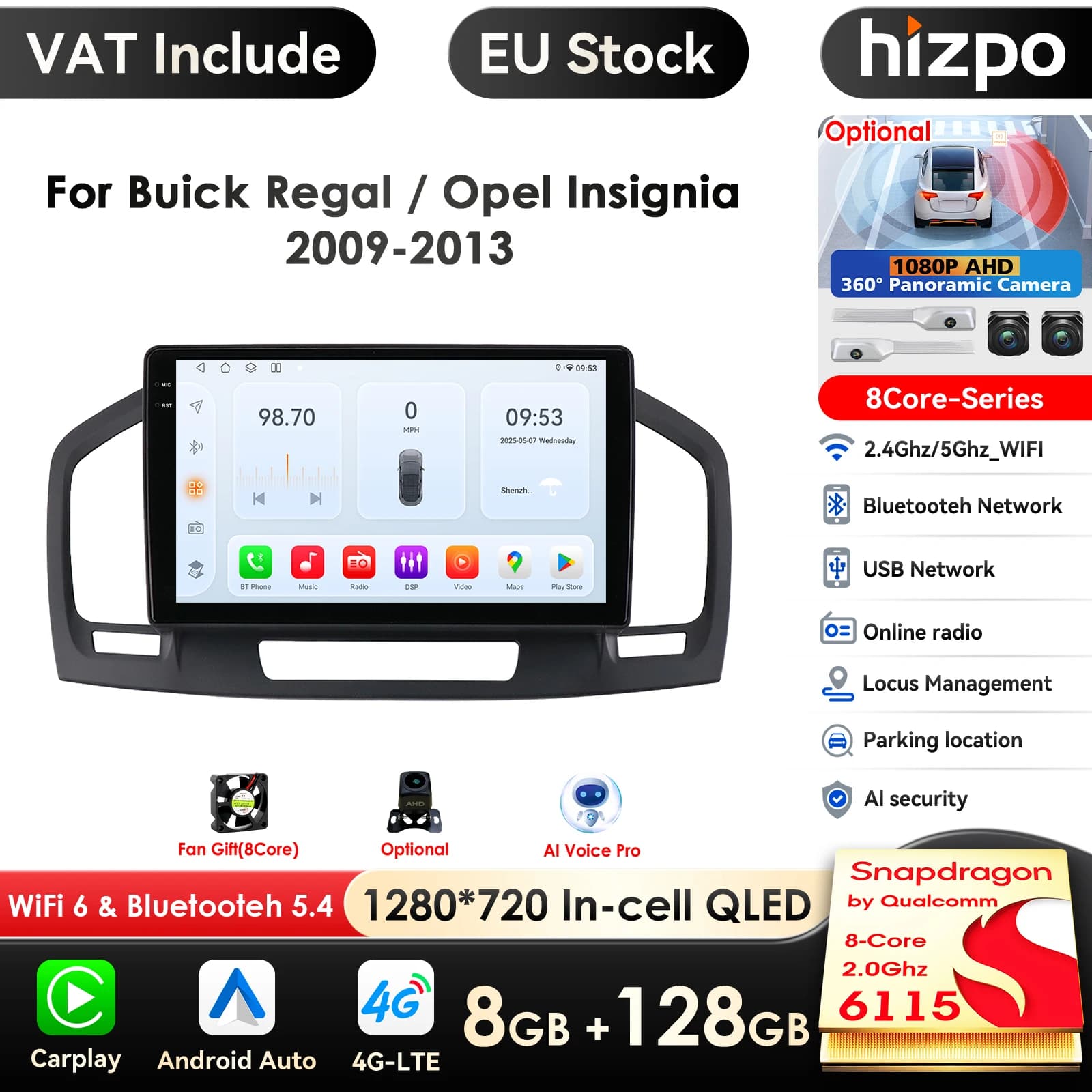 Android Car Radio Multimedia Video Player para Buick Regal 1, Opel Insignia, GPS Navi, Carplay, 4G, RDS, BT, QLED Screen, 2Din, 9 ", 7862