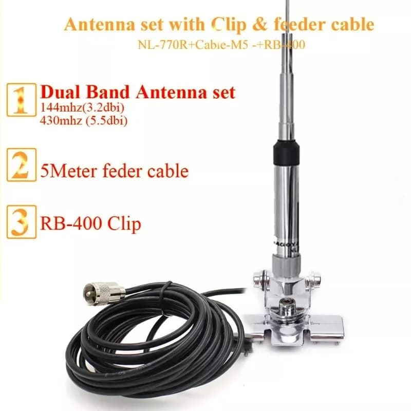 Nagoya NL-770R 144/430MHz Antena de rádio de carro presunto e clipe de base RB-400 e cabo Feder para Kenwood ICOM BaoFeng YAESU TYT Vertex QYT