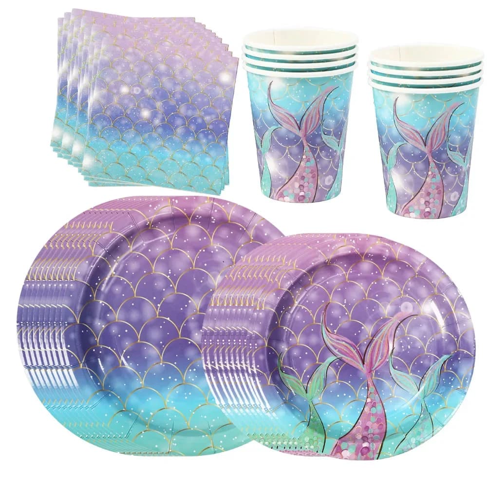 Decorações de Aniversário de Sereia, Pratos de Papel Descartáveis, Copos, Guardanapos, Canudos, Lembrancinhas para Festa de Menina