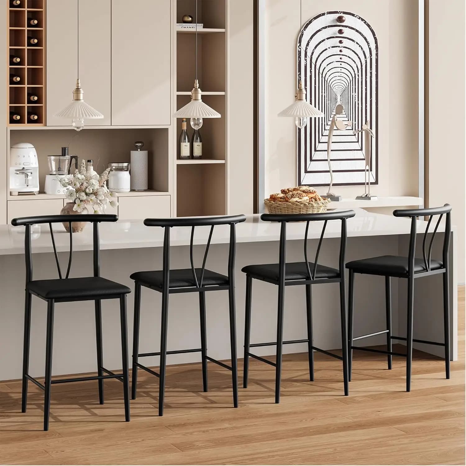 Conjunto de 4 Banquetas de Metal, Banquetas de Bar com Altura de Balcão de 64 cm, Assento Amplo Estofado em PU, Encosto Curvo e Apoio para os Pés