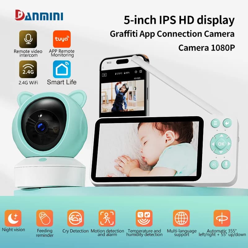 Danmini 5 "tuya monitor de bebê 2k alta definição wifi controle remoto aplicativo móvel para cima, para baixo, rotação esquerda e direita