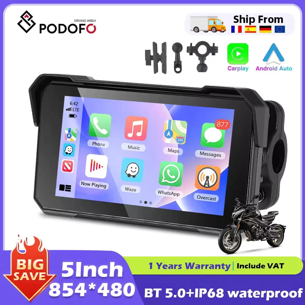 Podofo 5 ''tela IPS sem fio Carplay Monitor de motocicleta Navegação GPS Android Auto Portátil Smart Player IP68 à prova d'água