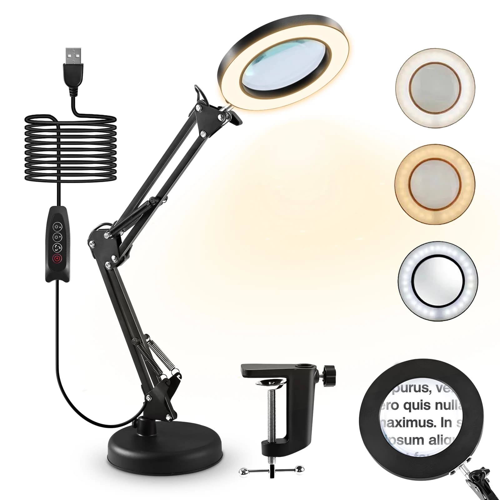 Lupa com luz e suporte, equipada com base, lupa LED 10x com clipe, lâmpada de mesa com 3 modos de cor