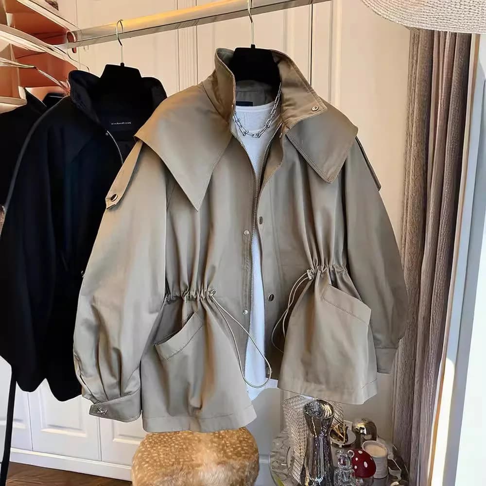 Sólido casaco com zíper único breasted jaquetas femininas outerwear emendado draw string bolsos solto casual estilo safari 2025 outono