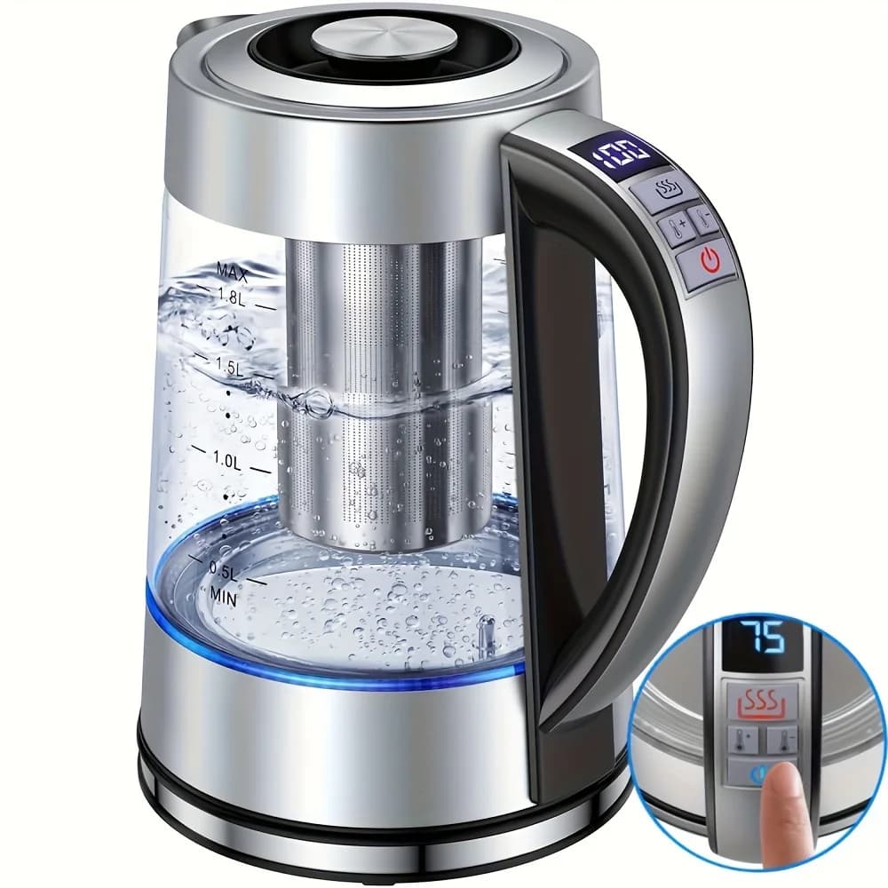 Chaleira Elétrica de Vidro, 1,8 L, com Controle de 12 Temperaturas e Infusor de Chá, Mantém Quente por até 24 Horas, Aço Inoxidável