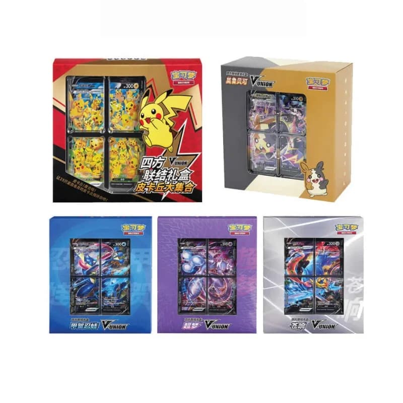 Em estoque genuíno 100% original pokemon ptcg cartão quarteto acoplamento v-uni caixas de presente pikachu grande reunir moru baker mew-dois ptcg