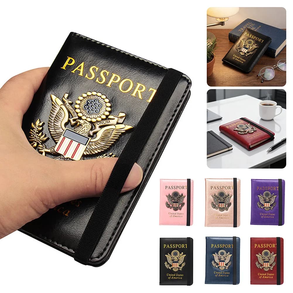 Porta-passaporte RFID para viagens, capa de passaporte à prova d'água com emblema de metal 3D, carteira portátil para cartões bancários