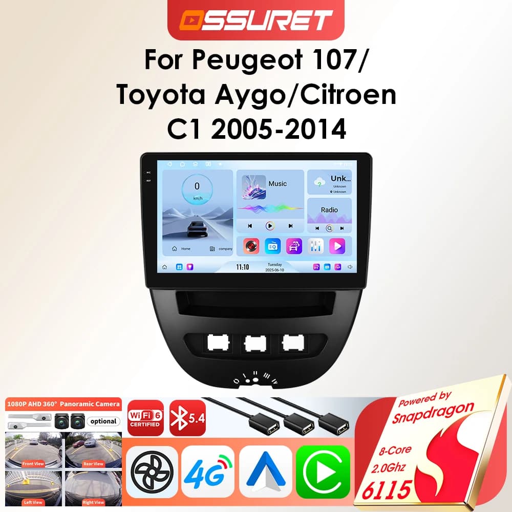 Ossuret android reprodutor de rádio do carro para peugeot 107 toyota aygo citroen c1 carro multimídia sem fio carplay áudio por snapdragon 6115