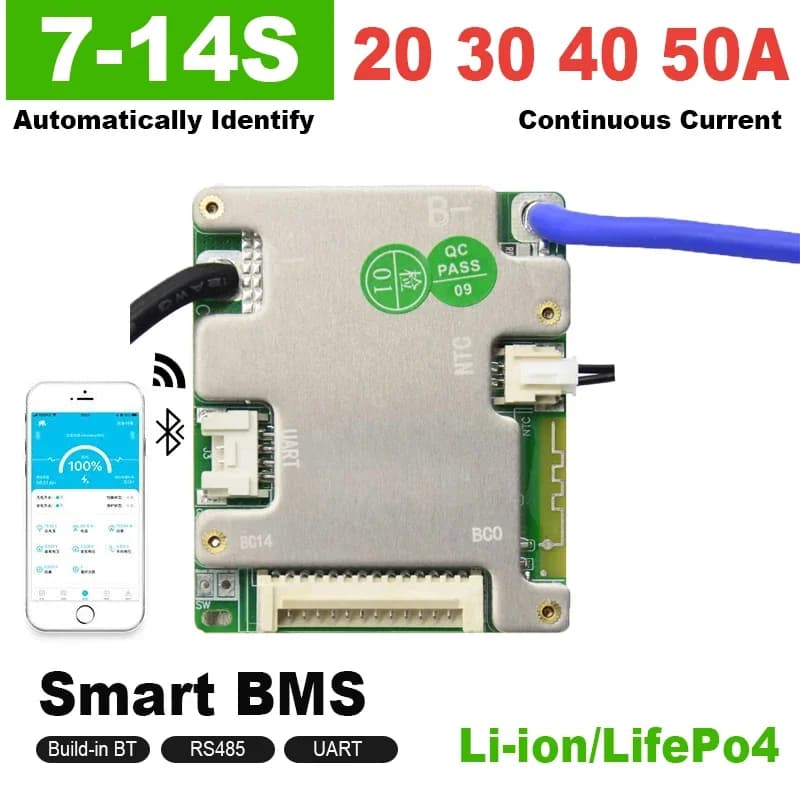 Jbd inteligente bms 7-14s identificação automatizada 24v 36v 48v 20a 30a 40a 50a embutido bt uart ntc li-ion lifepo4 placa balanceada para e-bike