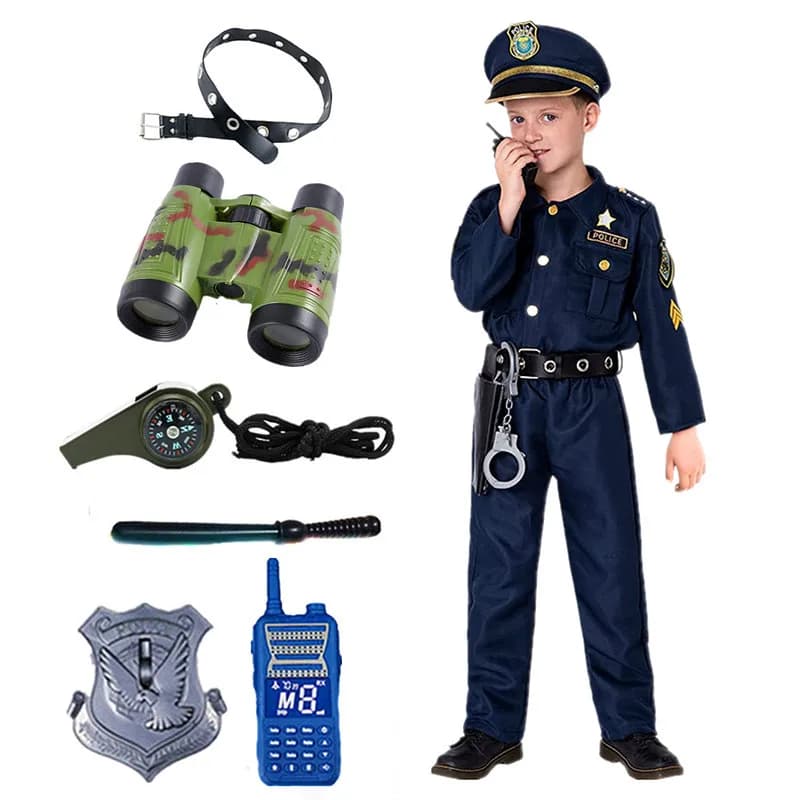 Complete o traje da polícia do seu filho com walkie-talkie, apito e acessórios de algemas!