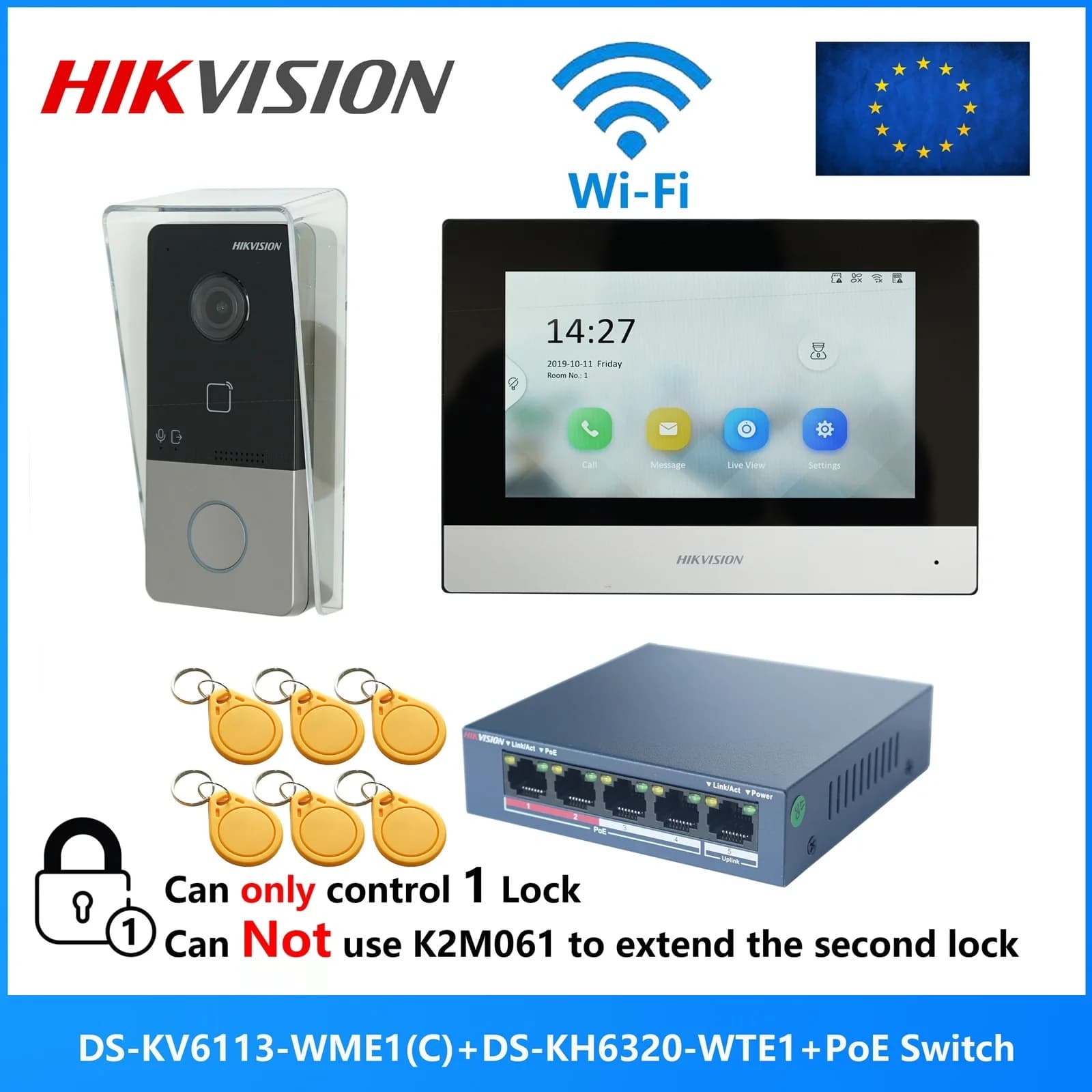 HIKVISION DS-KIS603-P (C) KIT de intercomunicação de vídeo POE multilíngue 802.3af, inclui DS-KV6113-WPE1 (C) e DS-KH6320-WTE1 e switch PoE