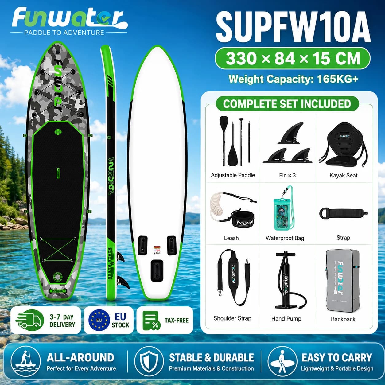 Prancha Inflável Funwater SUPFW10A 330x84x15cm com Capacidade para 165kg para Adultos, com Remo Ajustável, Assento de Caiaque, 3 Fins, Leash de