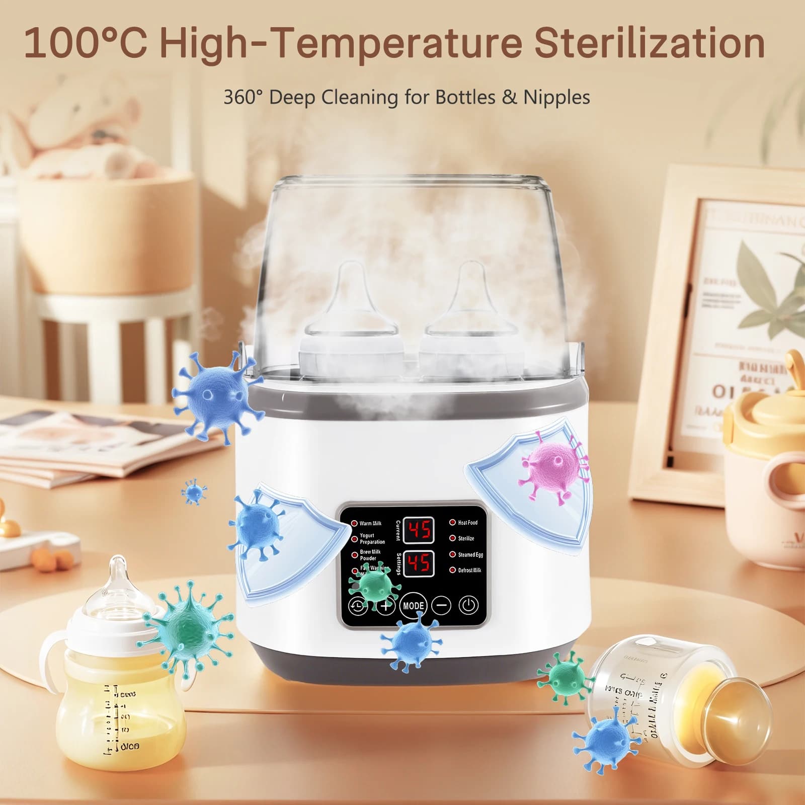Aquecedor e Esterilizador de Mamadeiras Multifuncional 8 em 1, 170W, Aquecedor Rápido de Leite Materno com Controle Preciso de Temperatura